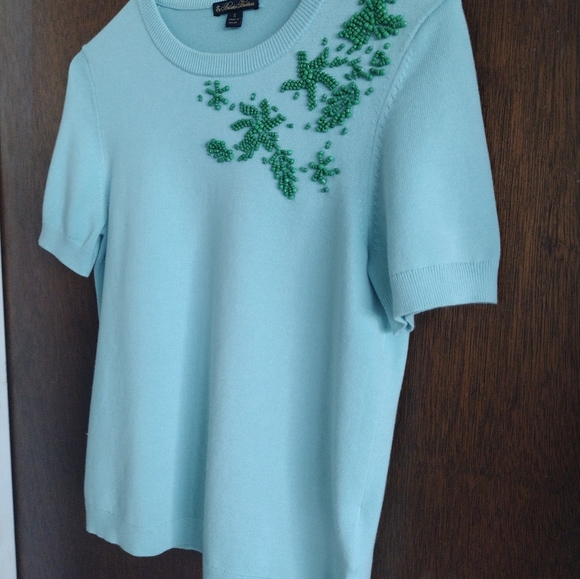 Brooks Brothers Short Sleeve Blue Green Aqua Beaded Knit Crew Neck Sweat… - Picture 12 of 15